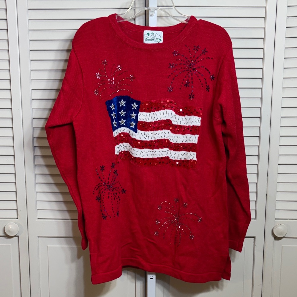 NWT Quacker Factory American Flag & Fireworks Sweater Medium